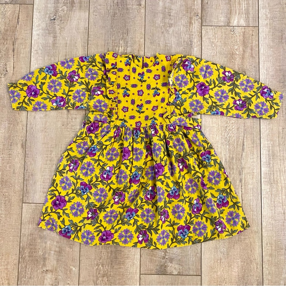 Vintage German Made Girls' Yellow Purple Floral Long Sleeve Dress 5T
